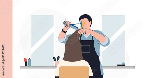 Hairdresser cutting client's hair in salon with mirrors and styling tools