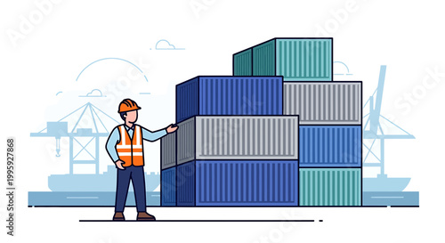 Logistics worker inspecting stacked cargo containers at a busy shipping port with cranes and ships