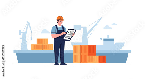 Logistics worker inspects cargo containers on a ship with cranes in the background