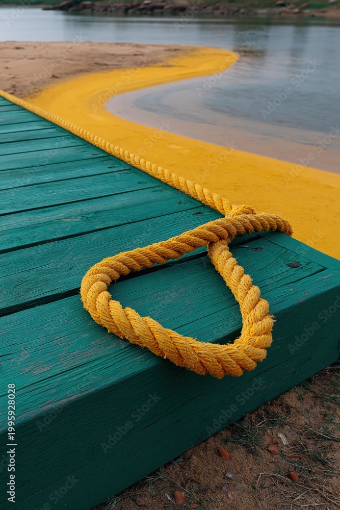 Fototapeta premium Yellow rope looped on painted dock beside sandy shoreline
