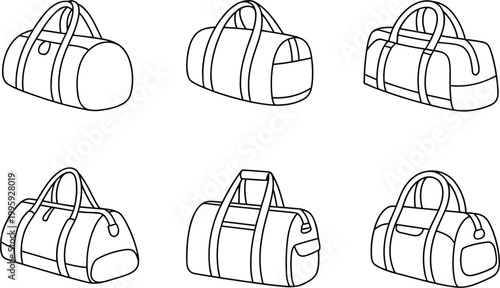 Flat vector duffel bag line art, minimalist travel luggage illustration set