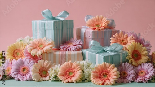 Pastel gift boxes with gerbera flowers on pink background