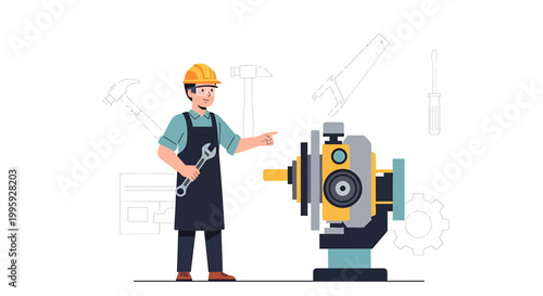 Mechanic working on industrial machine with tools and blueprints in background