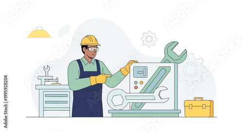 Mechanic working on machinery with tools and toolbox, industrial concept