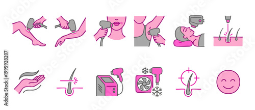 Laser Hair Removal Treatment Icon Set, Professional Beauty Salon Epilation Procedure Symbols, Permanent Body Smooth Skin Care, Dermatological Equipment, Aesthetics Clinic Vector Collection Flat Style