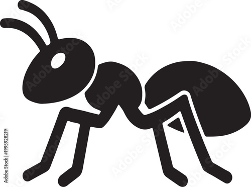 A simple black silhouette depicting an ant in profile showing its anatomy