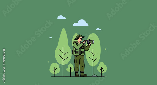 Nature Photographer Capturing Wildlife in Lush Forest with Trees and Clouds