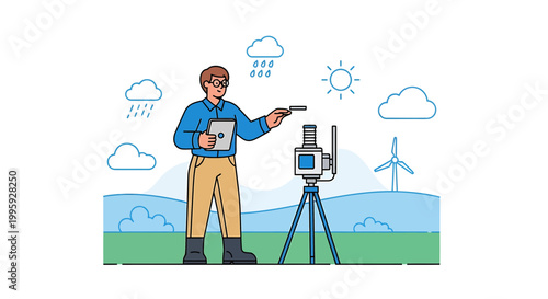 Meteorologist checks weather station with wind turbine and rain clouds in background