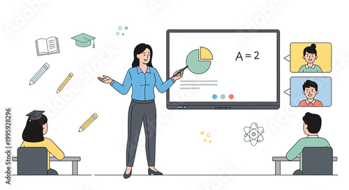 Online education, teacher explaining lesson on interactive whiteboard to remote students