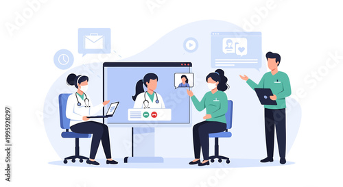 Online Doctor Consultation: Patients connect with medical professionals via video call for remote healthcare.