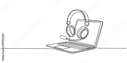 Single one line drawing headphones with mic on top of an open laptop. Break time on a very busy day. Current technology. International Customer Support Day. Continuous line design graphic illustration