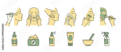 Skincare Routine Icons Set, Facial Treatment Steps and Beauty Products Vector Illustration, Professional Skin Care Procedures, Face Mask Application, Dermatological Care Process, Minimalist Line Art S