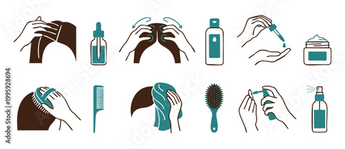 Hair Care Routine Icons Set, Scalp Treatment and Beauty Procedures for Healthy Hair Growth, Professional Salon Grooming Steps and Skincare Product Application for Cosmetics Branding and Spa Education
