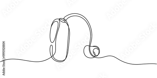 Hearing device with sound waves minimal single line illustration. International week of the deaf. Vector illustration, Hearing aid in human ear continuous one line drawing. Hearing device