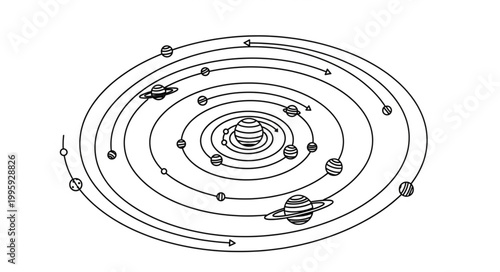 Illustration of a solar system with planets orbiting a central star.