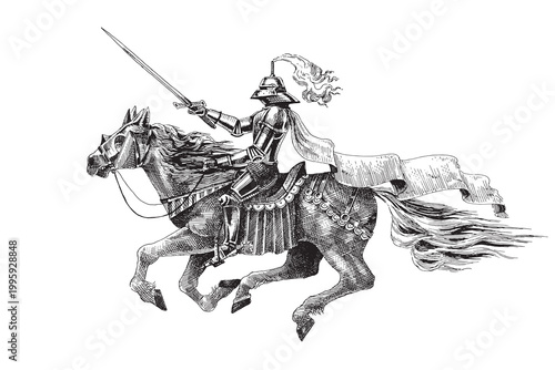 Medieval armoured knight horseback with a sword facing towards. Barded horse jumping in full armour for fight. Hand drawn engraving in traditional ink style 