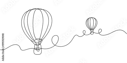 Hot air ballons in continuous one line drawing. Single line draw illustration of hot air ballons. Editable vector.