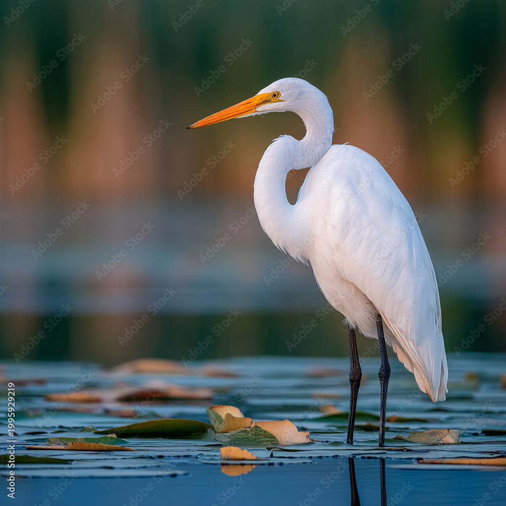Fototapeta premium Great egret standing in shallow water surrounded by water lilies with wading bird, white bird