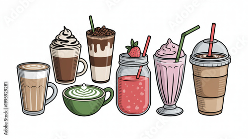 Minimal Coffee & Café Drinks Line Art Set  Latte, Matcha, Smoothie & Chocolate Beverage Collection
