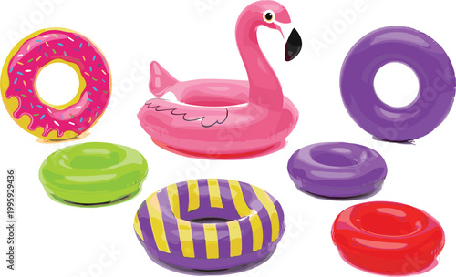 Colorful inflatable swim rings and flamingo float set illustrating summer pool accessories, beach vacation fun, water recreation, and leisure lifestyle vector illustration