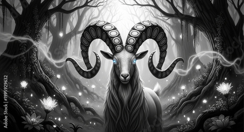 Majestic Ram with Large Horns in a Mystical Forest.