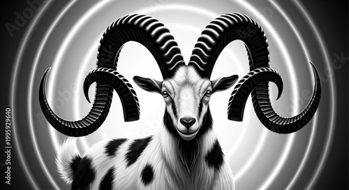 Majestic Ram with Large Curved Horns in Black and White.