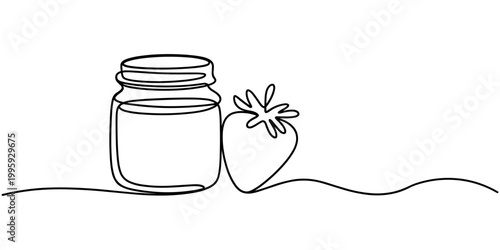 Jam jar and strawberry berry drawing with one continuous line. Linear silhouette, hand drawn in minimalism. Vector editable outline, Jam jar and strawberry berry drawing with one continuous line.