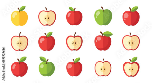 Set of flat apple icons showing whole fruits and cross sections in various colors including red green and yellow which are perfect for nutrition health and grocery store designs for web use.