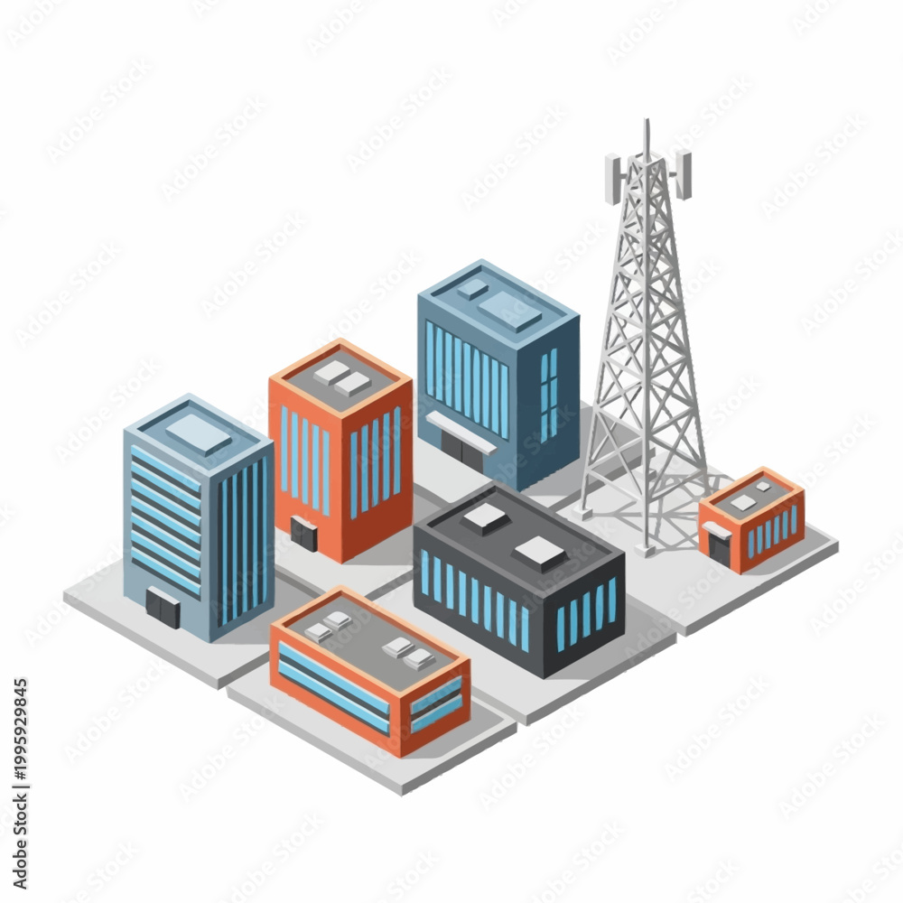 Obraz premium Modern Cityscape with Tall Communication Tower and Buildings.