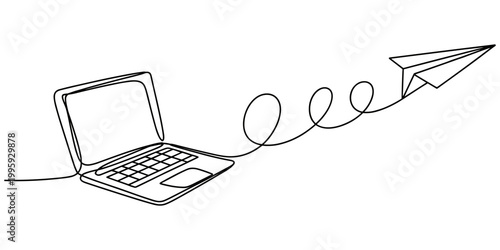Continuous one line drawing of Notebook connected with paper plane. Laptop and paper plane lineart vector illustration.
