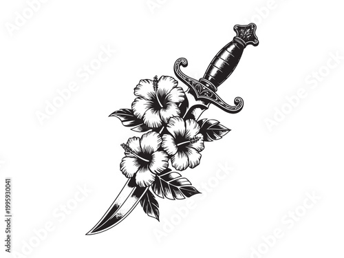 Black and white tattoo of dagger piercing through hibiscus flowers