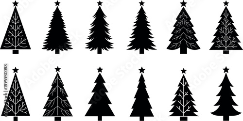 Black Christmas Tree Silhouette Icon Set with Star Topper in Various Styles for Holiday, Festive, and Winter Season Designs