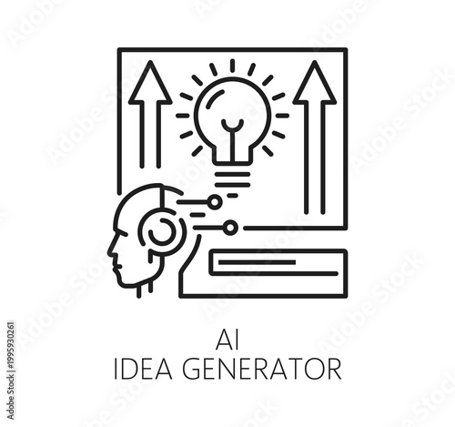 AI artificial intelligence technology icon of idea generator by chatbot tool, vector line pictogram. AI technology icon of digital bot or artificial mind head for creative ideas generating