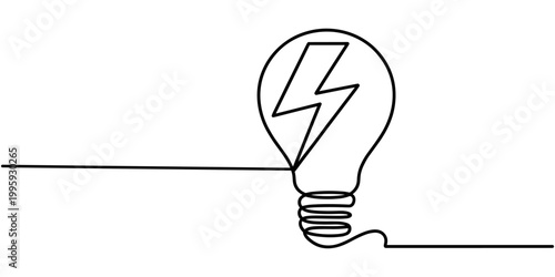 Continuous one line drawing of flash bolt striking a glowing light bulb symbolizing ideas and innovation isolated on transparent background.