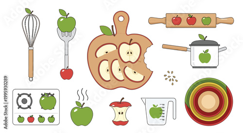 Apple themed kitchen tools and cooking equipment set including whisk spatula pot rolling pin cutting board and stove icons for bakery culinary lessons and recipe blog design elements pack.