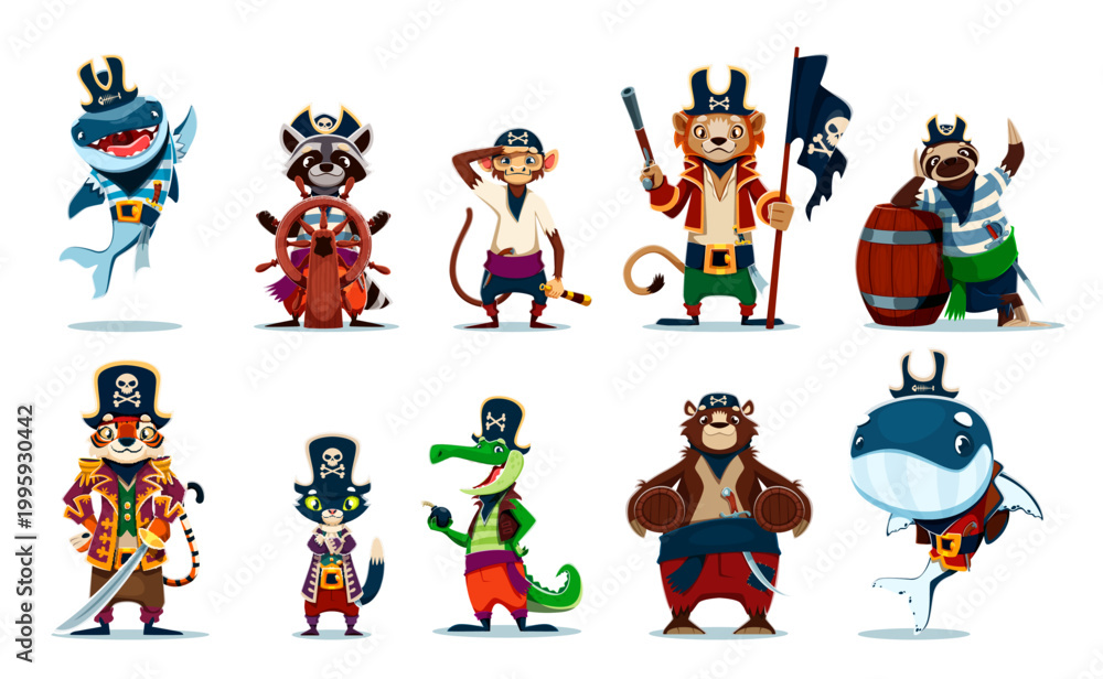 Naklejka premium Cartoon animal pirate and corsair vector characters. Shark sailor, raccoon helmsman, crocodile boatswain and tiger animal captain pirate. Whale, lion and cat seaman, bear gunner and monkey cabin boy