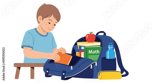Boy sitting with school bag books.