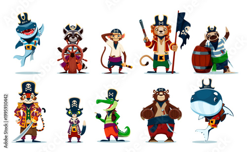 Cartoon animal pirate and corsair vector characters. Shark sailor, raccoon helmsman, crocodile boatswain and tiger animal captain pirate. Whale, lion and cat seaman, bear gunner and monkey cabin boy