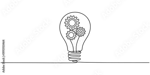 Continuous one single line drawing innovation Light bulb and gears inside icon vector illustration concept, One single line drawing of lightbulb with metal gear wheel inside for machine company