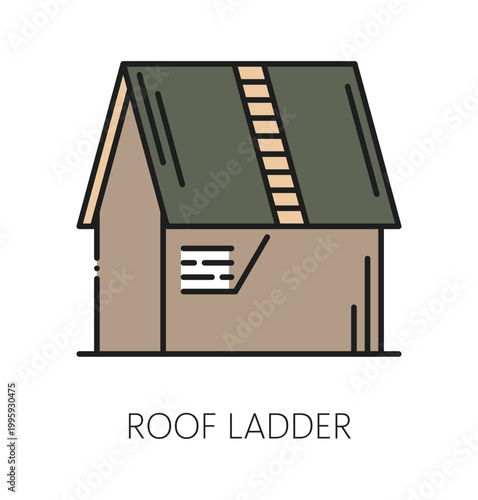 Home roof ladder installation line icon or sign. Cottage roof maintenance ladder icon, home repair service outline vector symbol. House roofing renovation pictogram or construction company sign
