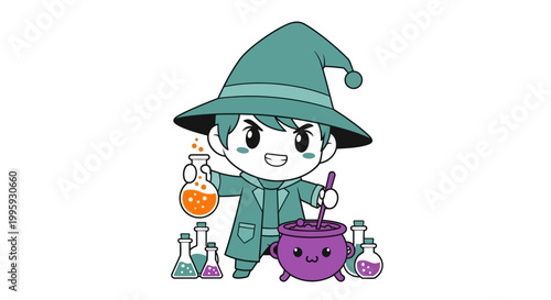 Cartoon witch kid in hat.