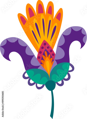 Mexican ethnic traditional spring flower object with big purple and orange bud. Hispanic flower decoration, Mexican folk colorful plant vector element. Latin American ethnic floral decor