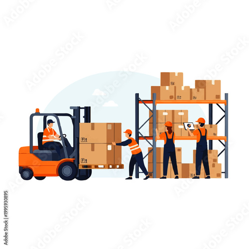 Vector flat design illustration of warehouse workers loading boxes with a forklift and shelving units