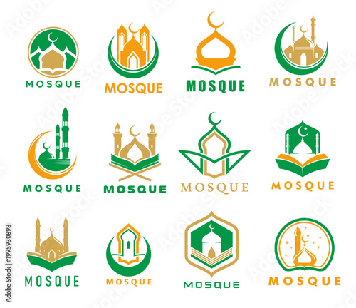 Ramadan Kareem holiday, muslim arabian mosque icons with islam quran books and domes vector silhouettes. Eid Mubarak, islamic architecture and arabic culture symbols of mosque dome, minarets and moon