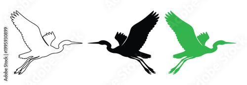 Elegant flying heron vector set, three distinct bird silhouettes in outline, black, and vibrant green, ideal for nature-themed branding, logos, and wildlife designs