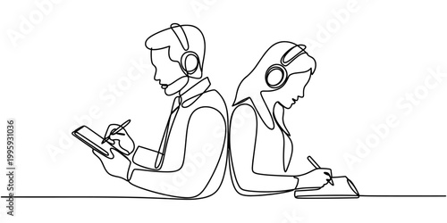 Single continuous line drawing male and female customer support person wearing headphones while taking notes. Manual recording. International Customer Support Day. One line design vector illustration