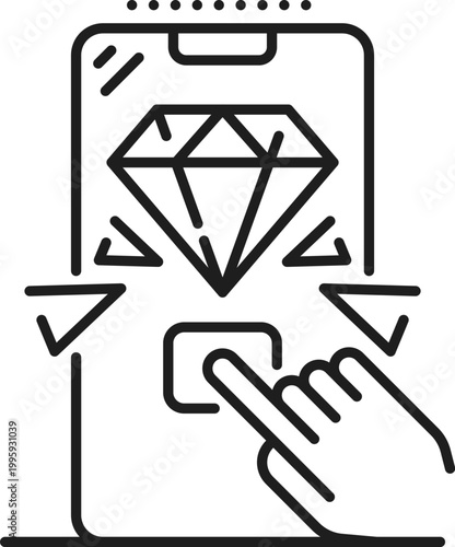 Smartphone loyalty program icon showing glowing diamond reward above a tap button. Linear pictogram representing exclusive benefit, gift coupon, reward, offer and prize for members in mobile interface