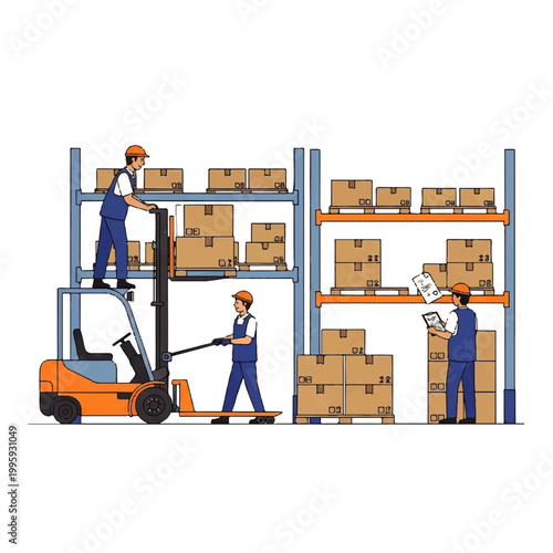 Vector flat design illustration of warehouse workers operating a forklift and managing inventory on shelves