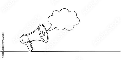 Continuous single line sketch drawing of megaphone speaker with bubble chat. One line art of sound tool equipment vector illustration. one line Icon drawing