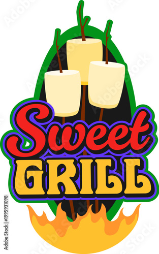 Sweet marshmallow barbeque retro Y2K sticker or symbol. Barbeque party vintage Y2K vector label, BBQ picnic 70s tag. Grilling and cooking retro sticker with fire, marshmallows on sticks and typography